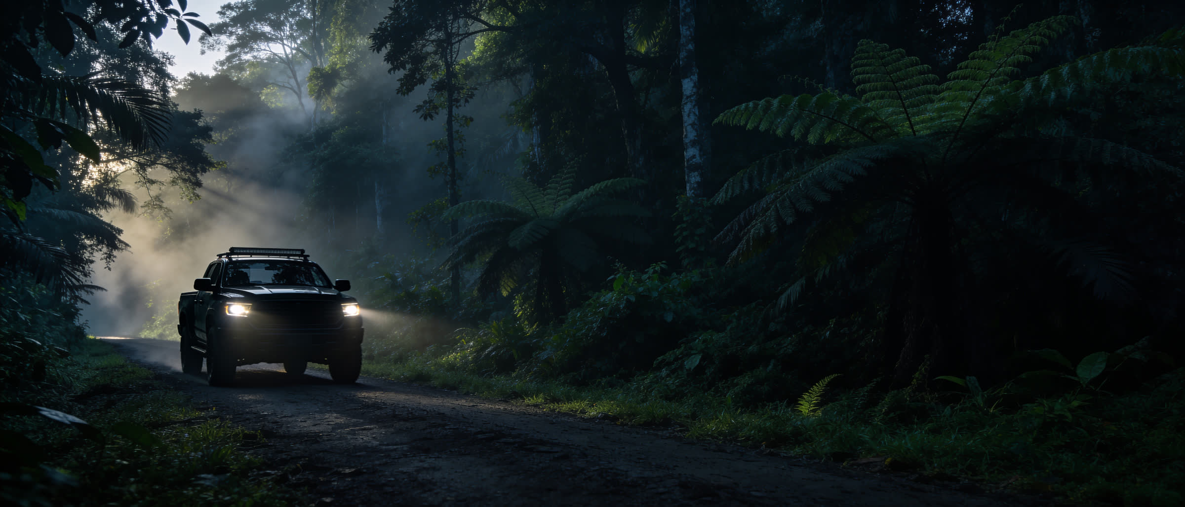 Camioneta 4x4 en trocha de selva al anochecer, faros entre la niebla